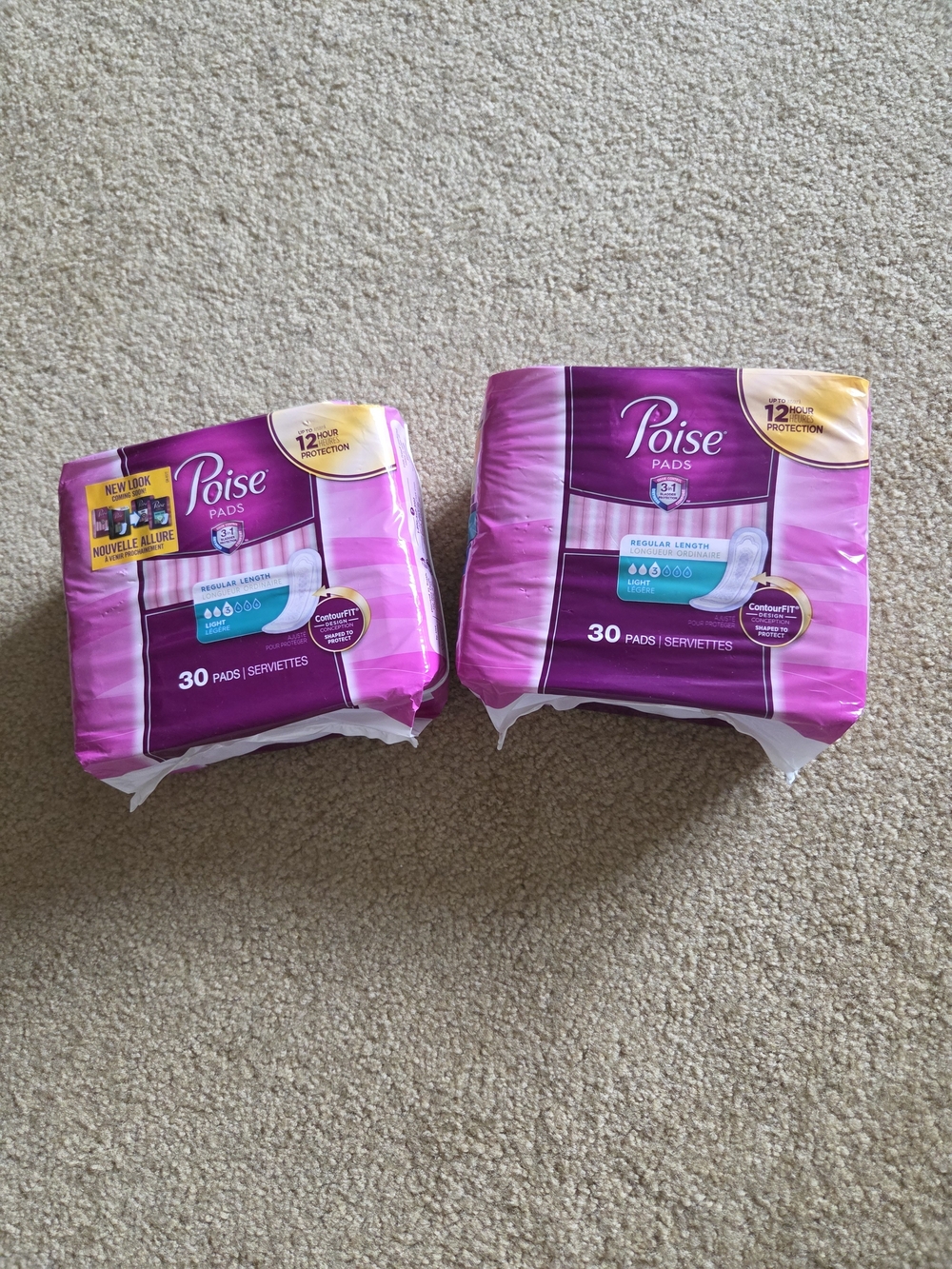 Poise Incontinence Pads, Lt. Absorbency, Regular Length, 30 Ct. x 2 Pack BUNDLE